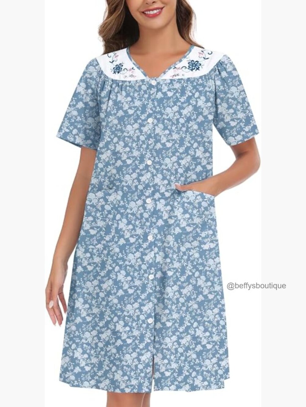 Short Sleeve Cotton House Dress with Pockets S-3XL